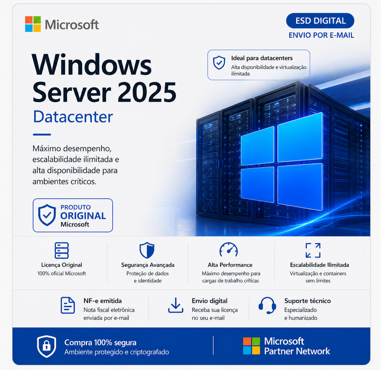 Microsoft Windows Server 2025 Datacenter, 24 Core, Licença Original - Chave Vitalícia